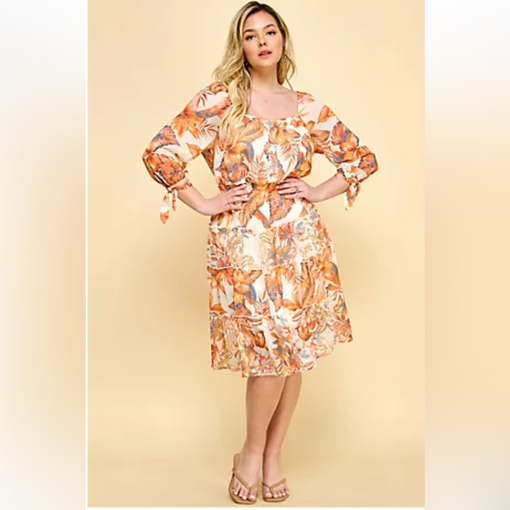 NWT! Figueroa & Flower Orange Tropical Print Smocked
Midi Dress -Plus Size 2X